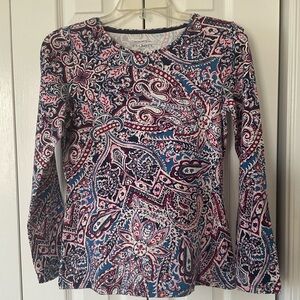 Talbots Tee Pima Bateau Neck Tee Shirt Navy Paisley Long Sleeve Size Petite P